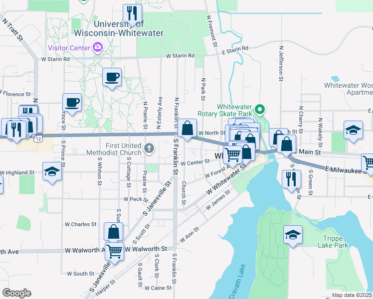 map of restaurants, bars, coffee shops, grocery stores, and more near 130 South Church Street in Whitewater