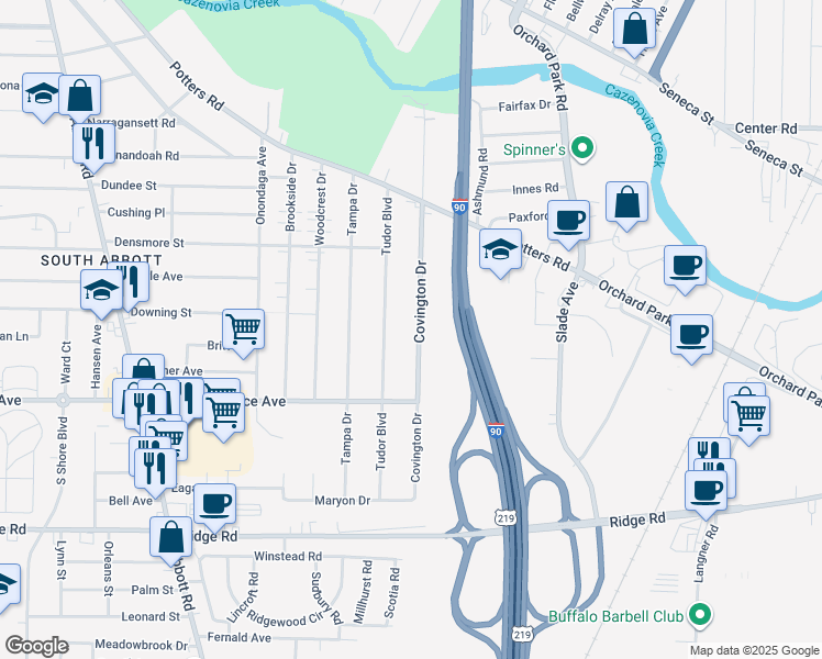 map of restaurants, bars, coffee shops, grocery stores, and more near 131 Covington Drive in Buffalo