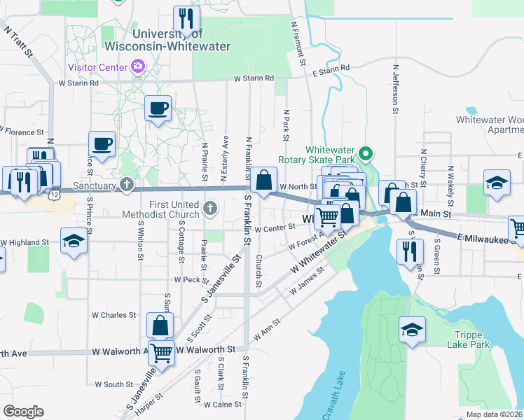 map of restaurants, bars, coffee shops, grocery stores, and more near 130 South Church Street in Whitewater