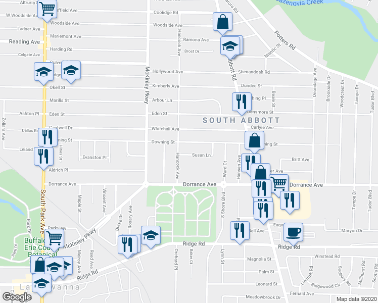 map of restaurants, bars, coffee shops, grocery stores, and more near 24 Susan Lane in Buffalo
