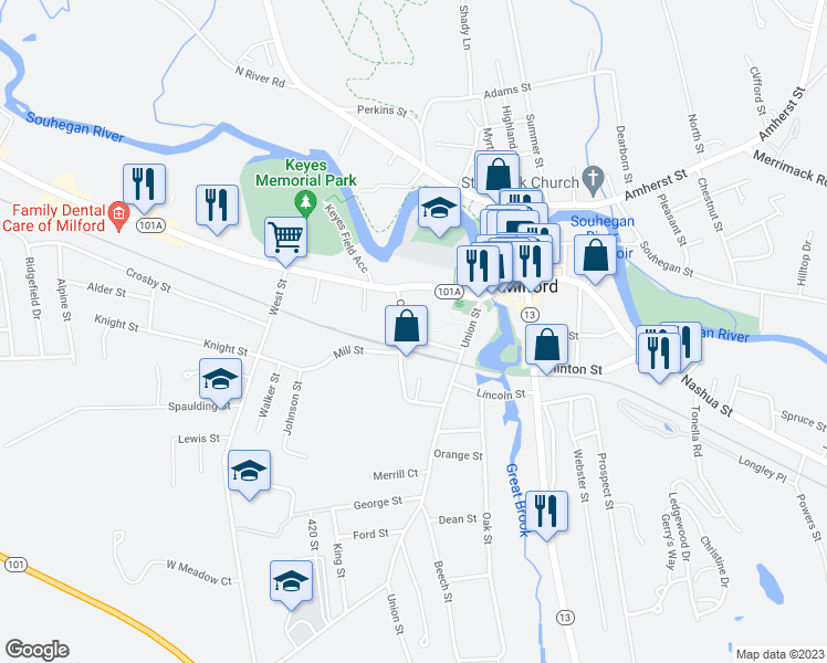 map of restaurants, bars, coffee shops, grocery stores, and more near 23 Garden Street in Milford