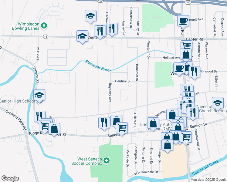 map of restaurants, bars, coffee shops, grocery stores, and more near 83 Bayberry Avenue in Buffalo