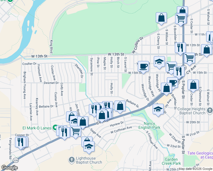 map of restaurants, bars, coffee shops, grocery stores, and more near 1625 Maple Street in Casper