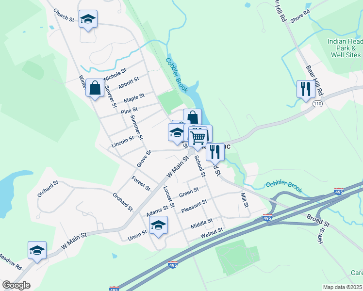 map of restaurants, bars, coffee shops, grocery stores, and more near 11 Grove Street in Merrimac