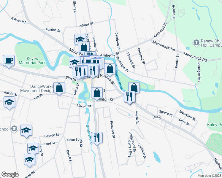 map of restaurants, bars, coffee shops, grocery stores, and more near 28 High Street in Milford