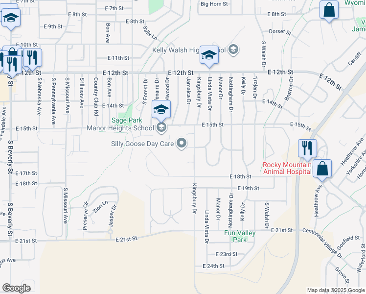 map of restaurants, bars, coffee shops, grocery stores, and more near 1590 Kingsbury Drive in Casper