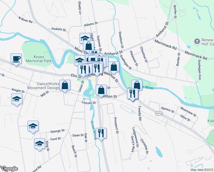 map of restaurants, bars, coffee shops, grocery stores, and more near 95 High Street in Milford