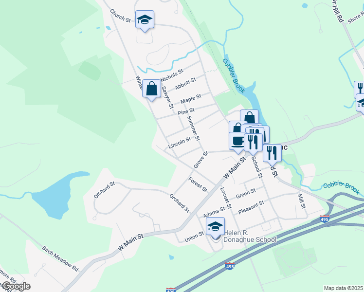 map of restaurants, bars, coffee shops, grocery stores, and more near 12 Lincoln Street in Merrimac