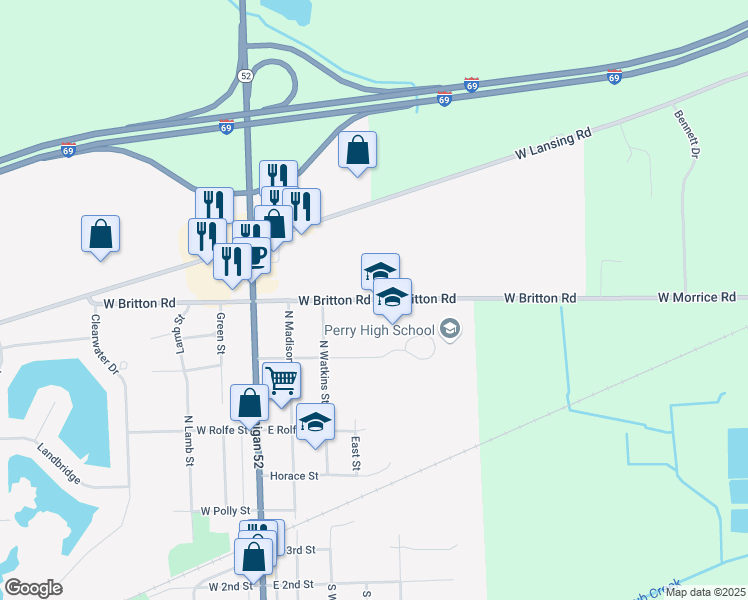 map of restaurants, bars, coffee shops, grocery stores, and more near 2775 West Britton Road in Perry