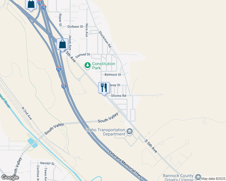 map of restaurants, bars, coffee shops, grocery stores, and more near 4530 South 5th Avenue in Pocatello
