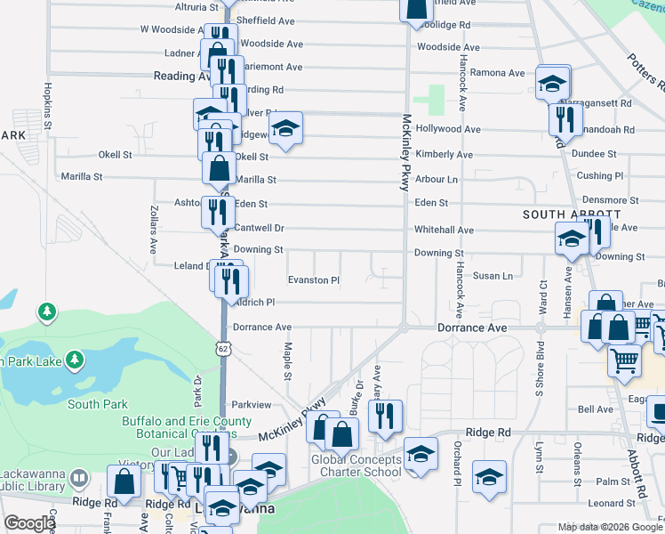 map of restaurants, bars, coffee shops, grocery stores, and more near 30 Julius Street in Buffalo