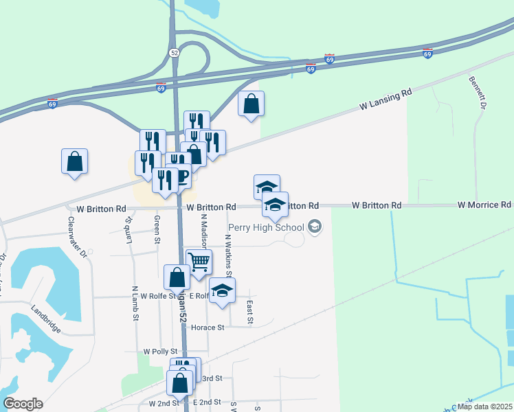 map of restaurants, bars, coffee shops, grocery stores, and more near 2814 West Britton Road in Perry