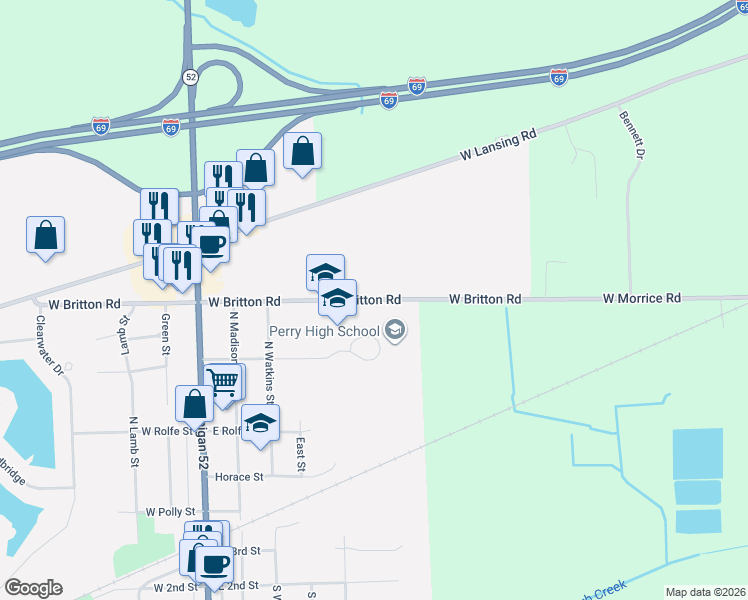 map of restaurants, bars, coffee shops, grocery stores, and more near 2665 West Britton Road in Perry