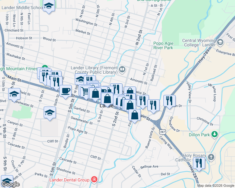 map of restaurants, bars, coffee shops, grocery stores, and more near 240 Lincoln Street in Lander