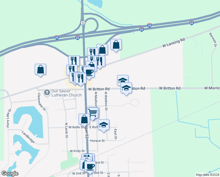 map of restaurants, bars, coffee shops, grocery stores, and more near 2814 West Britton Road in Perry