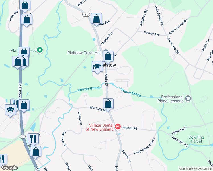 map of restaurants, bars, coffee shops, grocery stores, and more near 120 Main Street in Plaistow