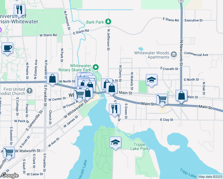 map of restaurants, bars, coffee shops, grocery stores, and more near 210 East Main Street in Whitewater