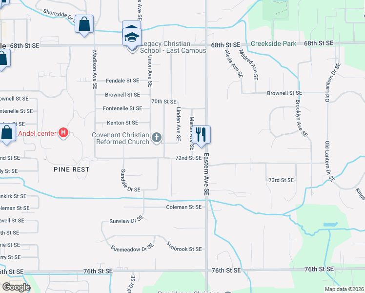map of restaurants, bars, coffee shops, grocery stores, and more near 7154 Linden Avenue Southeast in Grand Rapids