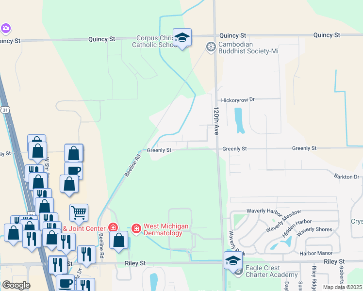 map of restaurants, bars, coffee shops, grocery stores, and more near 12164 Northpointe Lane in Holland