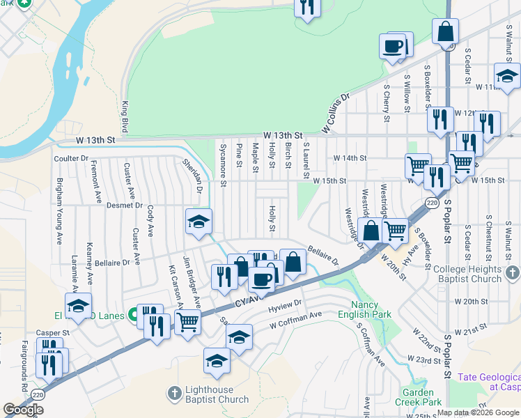 map of restaurants, bars, coffee shops, grocery stores, and more near 1625 Maple Street in Casper