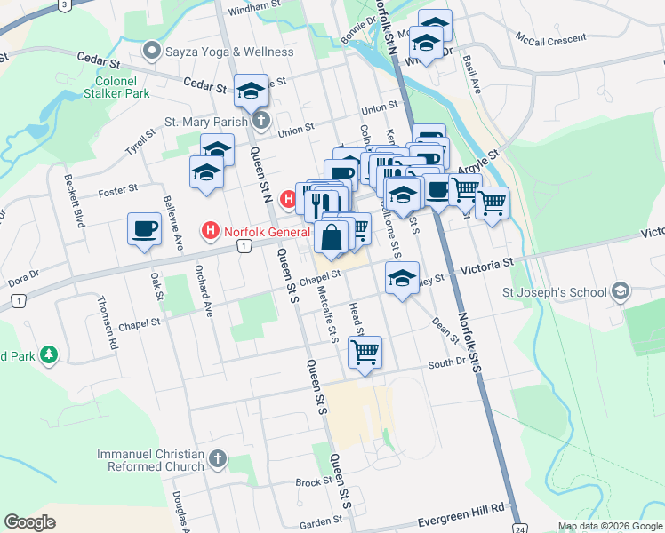 map of restaurants, bars, coffee shops, grocery stores, and more near 150 West Street in Simcoe