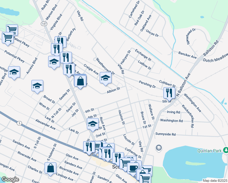 map of restaurants, bars, coffee shops, grocery stores, and more near 25 Albion Street in Scotia