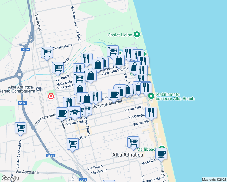 map of restaurants, bars, coffee shops, grocery stores, and more near 22 Via Giacomo Leopardi in Alba Adriatica