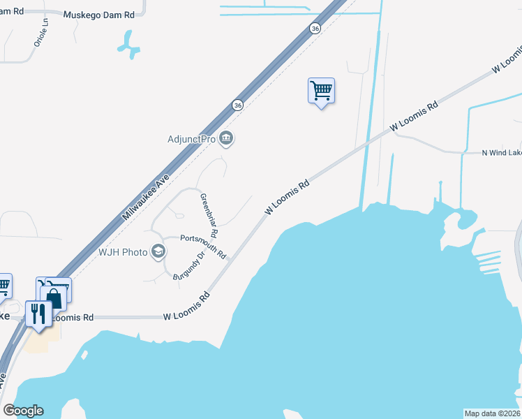 map of restaurants, bars, coffee shops, grocery stores, and more near 25204 West Loomis Road in Wind Lake