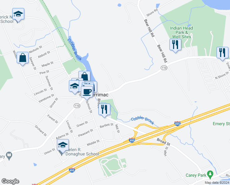 map of restaurants, bars, coffee shops, grocery stores, and more near 42 East Main Street in Merrimac