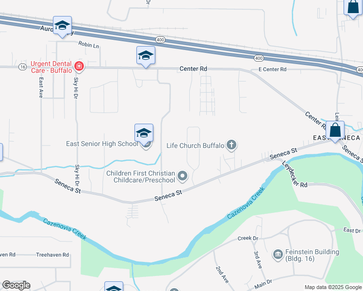 map of restaurants, bars, coffee shops, grocery stores, and more near 247 Pinewood Drive in Buffalo