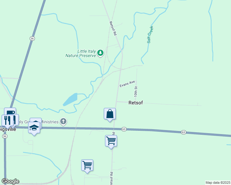 map of restaurants, bars, coffee shops, grocery stores, and more near 3609 Retsof Road in Piffard