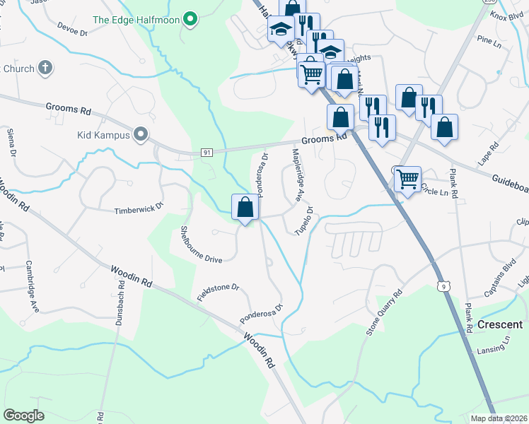 map of restaurants, bars, coffee shops, grocery stores, and more near 16 Ponderosa Drive in Saratoga County