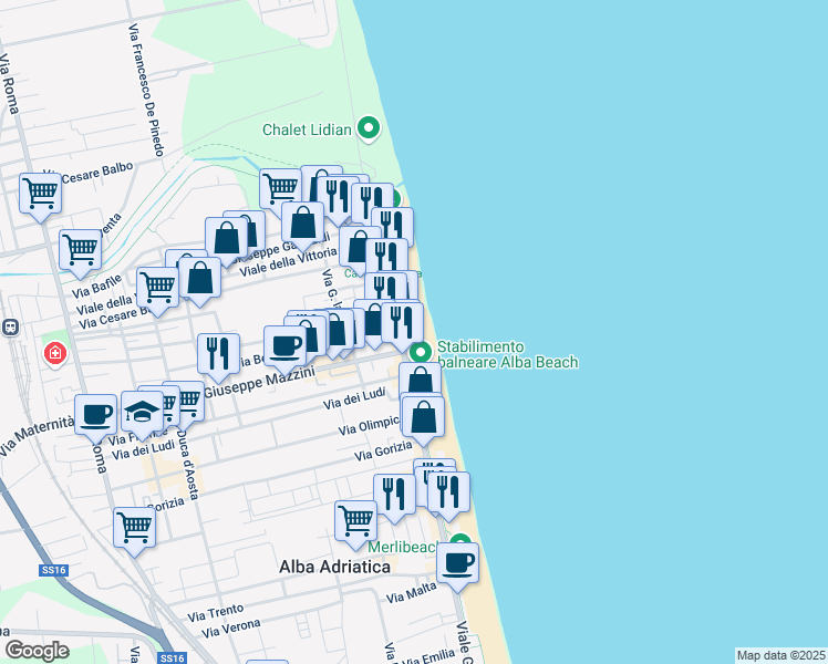 map of restaurants, bars, coffee shops, grocery stores, and more near 13 Viale Guglielmo Marconi in Alba Adriatica