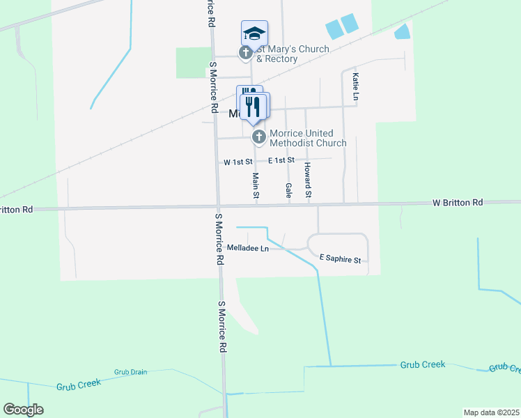 map of restaurants, bars, coffee shops, grocery stores, and more near 104 East South Street in Morrice