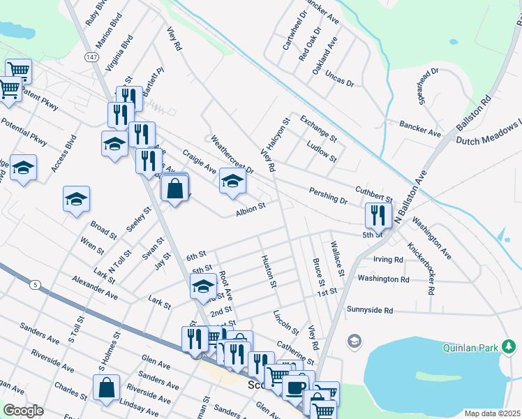 map of restaurants, bars, coffee shops, grocery stores, and more near 25 Albion Street in Scotia
