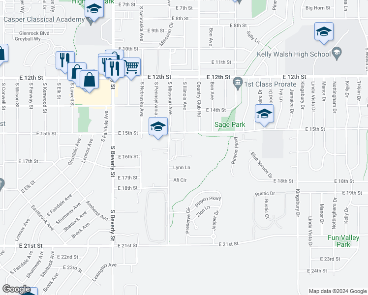 map of restaurants, bars, coffee shops, grocery stores, and more near 2641 East 15th Street in Casper