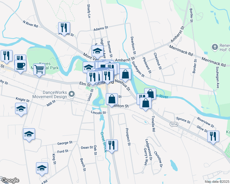 map of restaurants, bars, coffee shops, grocery stores, and more near 95 High Street in Milford