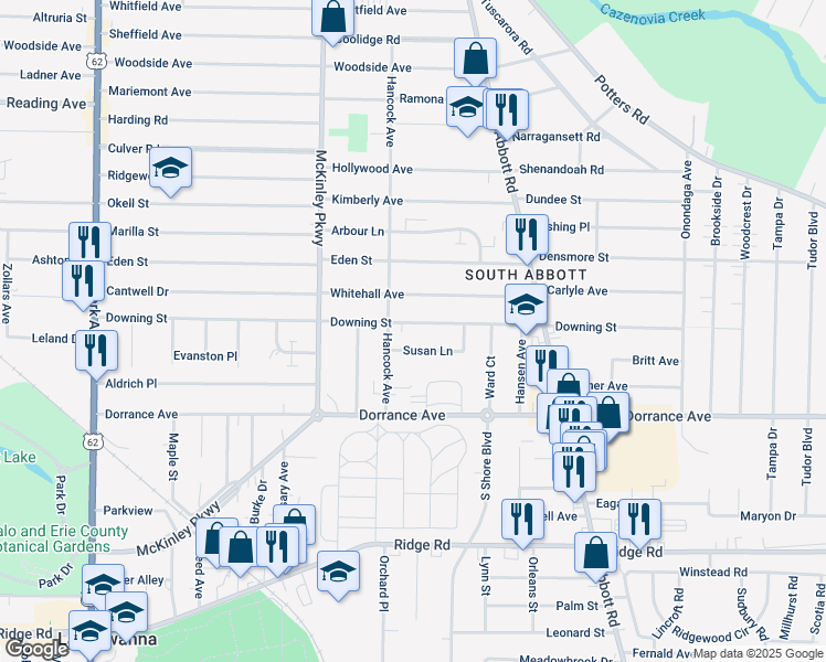 map of restaurants, bars, coffee shops, grocery stores, and more near 24 Susan Lane in Buffalo