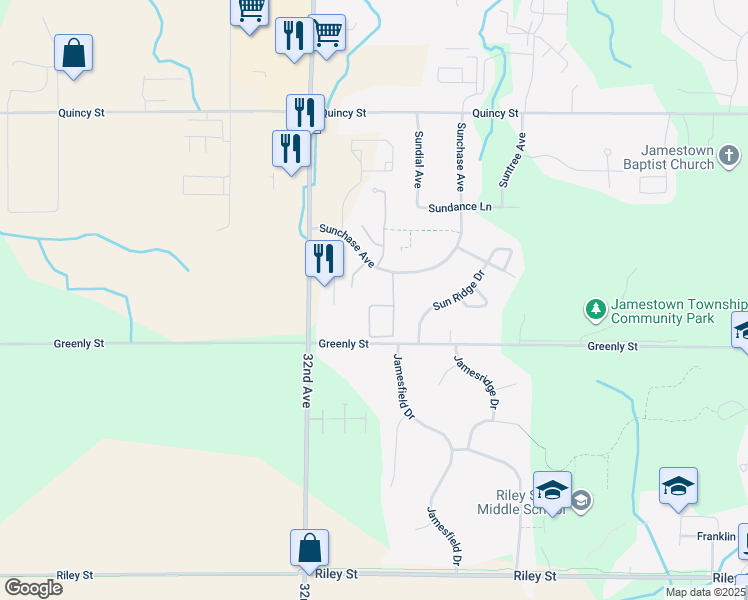 map of restaurants, bars, coffee shops, grocery stores, and more near 3613 Andover Lane in Hudsonville