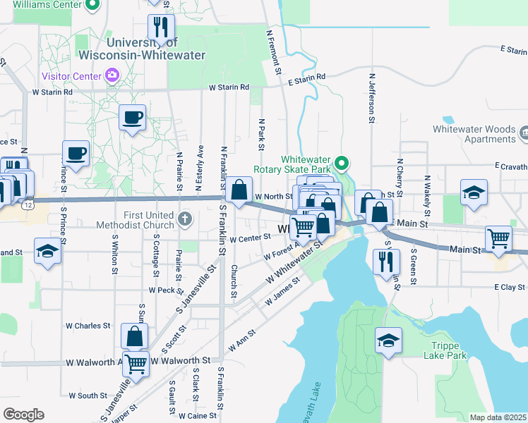 map of restaurants, bars, coffee shops, grocery stores, and more near 124 South 4th Street in Whitewater