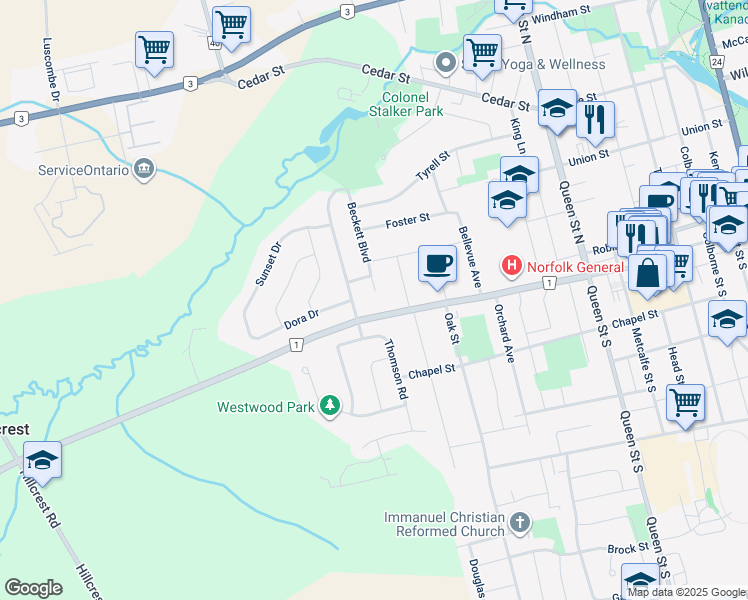 map of restaurants, bars, coffee shops, grocery stores, and more near 2 Beckett Boulevard in Simcoe