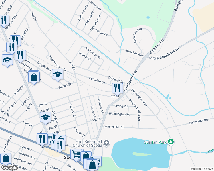 map of restaurants, bars, coffee shops, grocery stores, and more near 66 Pershing Drive in Scotia