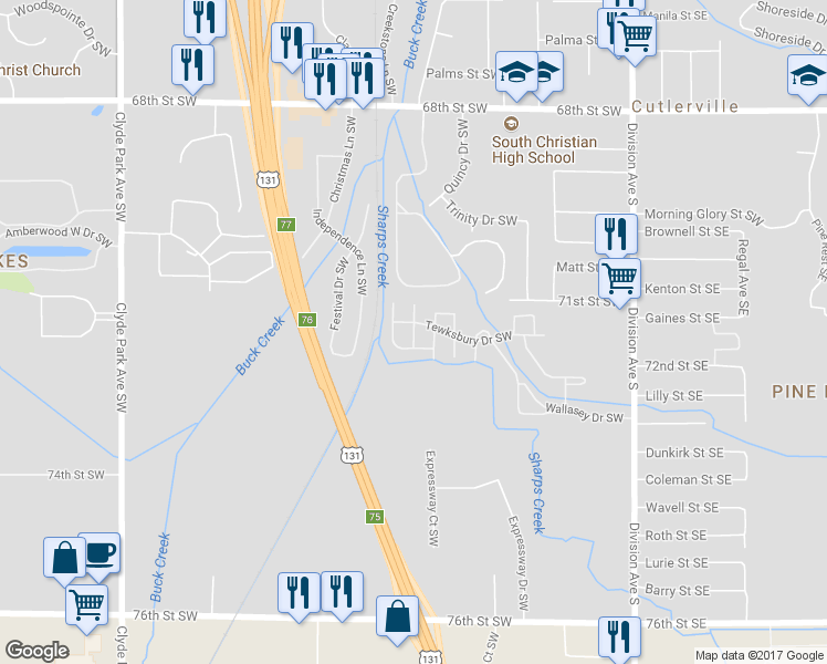 map of restaurants, bars, coffee shops, grocery stores, and more near 7175 Nottingham Avenue Southwest in Grand Rapids
