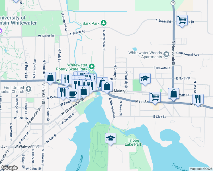 map of restaurants, bars, coffee shops, grocery stores, and more near 210 Main Street in Whitewater