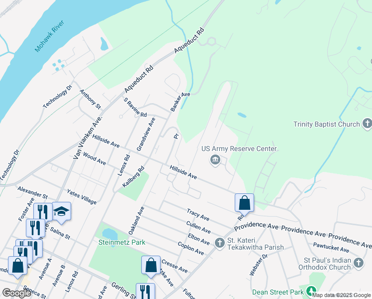 map of restaurants, bars, coffee shops, grocery stores, and more near 1197 Hillside Avenue in Schenectady County
