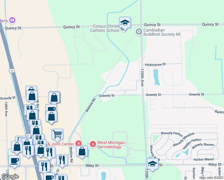 map of restaurants, bars, coffee shops, grocery stores, and more near 12169 Northpointe Lane in Holland