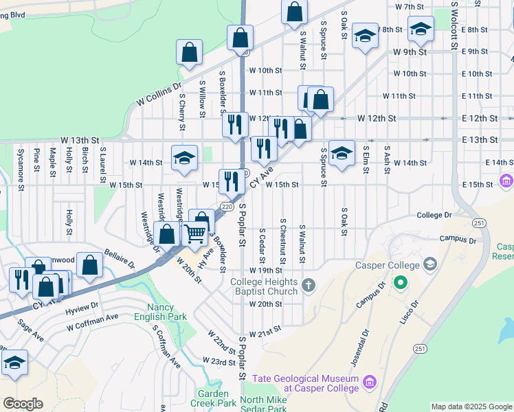 map of restaurants, bars, coffee shops, grocery stores, and more near 1625 South Poplar Street in Casper