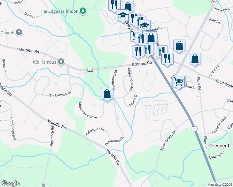 map of restaurants, bars, coffee shops, grocery stores, and more near 16 Ponderosa Drive in Saratoga County