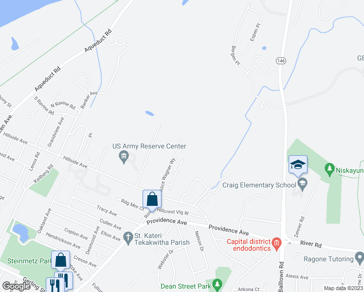 map of restaurants, bars, coffee shops, grocery stores, and more near 5 Alice Wagner Way in Schenectady County