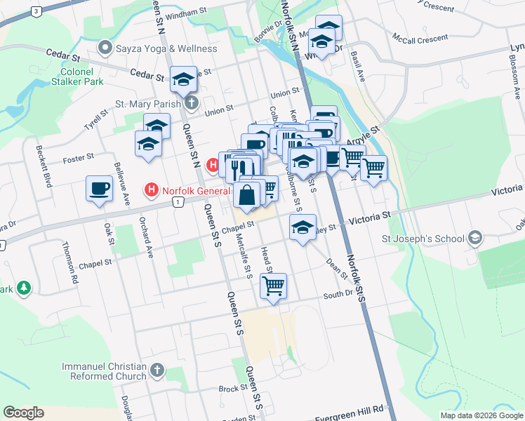 map of restaurants, bars, coffee shops, grocery stores, and more near 150 West Street in Simcoe